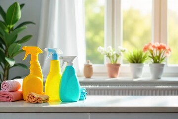 A cheerful domestic scene featuring cleaning supplies, a tidy room, and fresh flowers, suggesting a clean and organized home , shine, cleaning, household chores