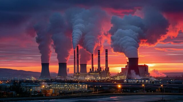 Apocalyptic Industrial Landscape: A panoramic view reveals towering industrial structures belching smoke and steam into a dramatic sky.