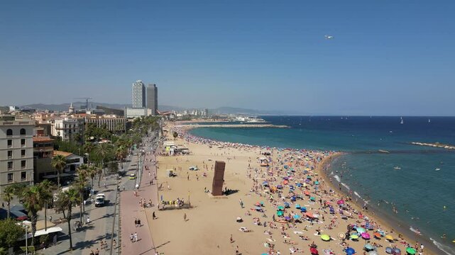 Beach of Barcelona in sunny weather in summer arial view from a drone