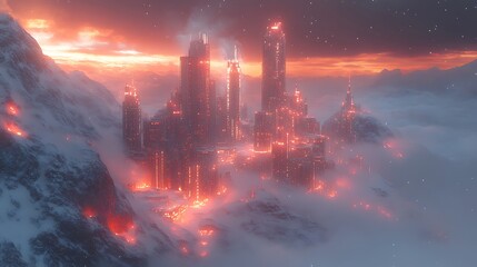 Obraz premium City of fire in frozen mountains