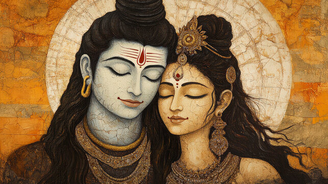 Lord Shiva and Goddess Parvati Hindu God Painting Divine Couple Artwork Mahadev and Shakti Religious Wall Art Canvas Print Indian Mythology Spiritual Decor Hinduism Gods and Goddesses Portraits