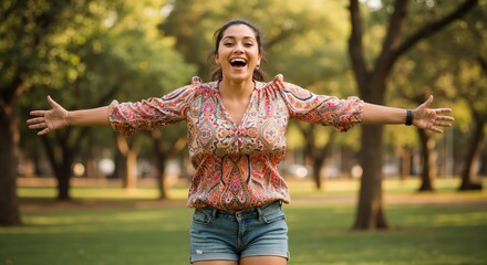Happy woman with arms open wide in park during sunny day  
