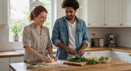 Young couple cooking together in modern kitchen during the day  