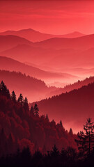 Majestic red hued mountain landscape with lush forests and layered hills creating depth
