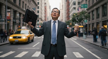 Businessman standing in the street holding coffee and briefcase  