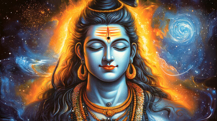 Serene portrait of Lord Shiva Hindu God Mahadev with cosmic background spirituality meditation tranquility divine peaceful powerful Mahakal painting wallpaper digital art illustration mythical