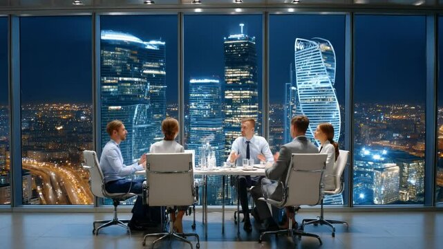 Nighttime Conference: A professional business team gathers for a critical meeting, overlooking a panoramic nightscape of a bustling city, reflecting the ambitious pursuit of corporate success.