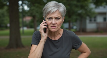 Elderly woman talking angrily on phone while standing outdoors in summer  