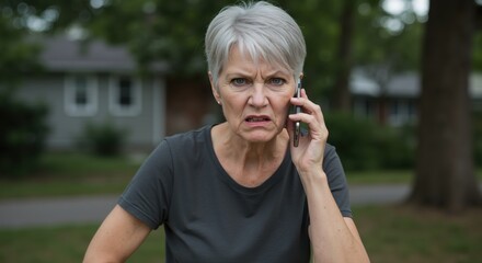 Elderly woman expressing anger while speaking on phone outdoors  
