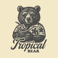 Vintage Tropical Bear with Coconut Drink in Hawaiian Shirt - Hand Drawn Vector Illustration
