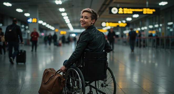 Young woman smiling in wheelchair at the airport terminal - Powered by Adobe
