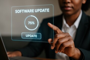 Person business suit interacts with virtual software update