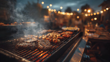 Obraz premium Close-up of a Barbecue Grill with Sizzling Meat at a Twilight Outdoor Party