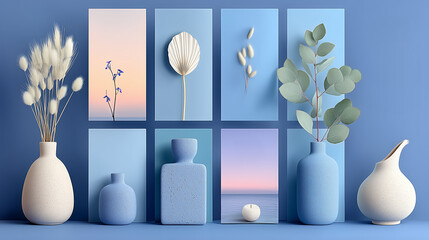 Serene Blue Still Life with Vases and Botanical Elements