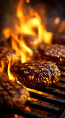 Close-up Of Grilling Burgers On Fire With Vibrant Orange Flames And Dark Grill Marks