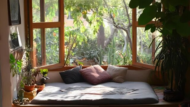 A cozy bay window with cushions and plants, surrounded by a lush garden. Natural light streams in, creating a tranquil atmosphere.