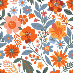 A vibrant floral seamless pattern featuring colorful blooming flowers and botanical elements
