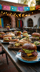 Gourmet Burgers On Wooden Table With Colorful Restaurant Decorations And Warm Lighting