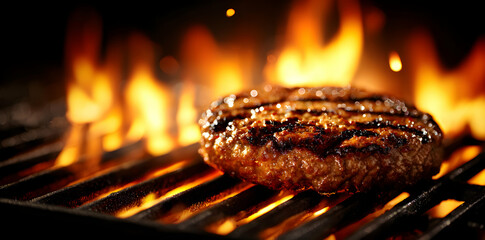 Grilled Beef Patty On Grilling Rack With Fiery Flames In A Dark Background