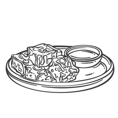 Fermented stinky tofu cubes served with dipping sauce, drawn in detailed monochrome engraving style. Outline vector illustration for street food designs, menus, or culinary books