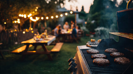 Outdoor Backyard Barbecue Scene with Grill Burgers and People with String Lights