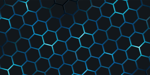 Dark technology hexagonal vector background. Abstract blue bright energy flashes under hexagon in dark technology modern futuristic background vector illustration. Gray honeycomb texture grid.