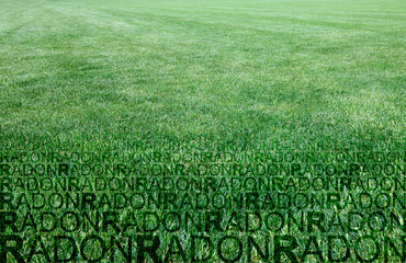 A green mowed lawn with radon gas escaping - concept image with copy space and radon text