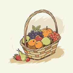 basket with fruits on white background