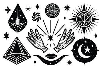 Black and White Mystical Icons Set – Magic, Occult, and Fantasy Symbols in Logo Style