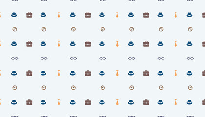 Seamless pattern with tie, hat, watch, briefcase, and glasses. Modern background for Father's Day. Happy Father's Day card. Modern minimal design.