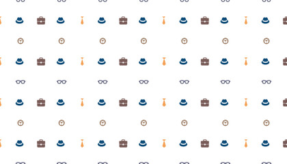 Seamless pattern with tie, hat, watch, briefcase, and glasses. Modern background for Father's Day. Happy Father's Day card. Modern minimal design.