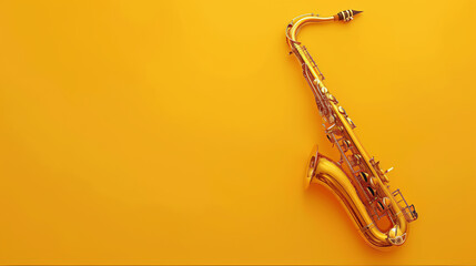 Naklejka premium A golden saxophone on a yellow background, Saxophone isolated on a yellow background