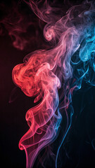 Abstract swirling smoke art featuring gradient colors of red pink and blue on black background