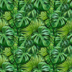Leaves of exotic plants Seamless Pattern. Bright seamless tropical pattern with parrot, lotus,...