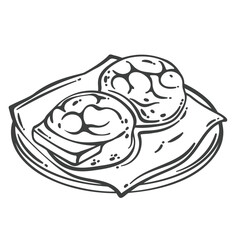 Traditional Hong Kong pineapple buns served on a plate, one with a slice of butter inside. Engraved black and white line style. Outline vector illustration for bakery menu, packaging, or cafe design.