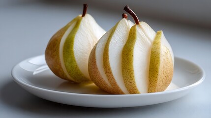Sliced Pears Arranged on a White Plate