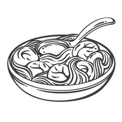Wonton noodle soup with dumplings and spoon in a round bowl, featuring long noodles and plump wontons. Hand drawn outline vector illustration for Asian food packaging, menu, or vintage cookbook design