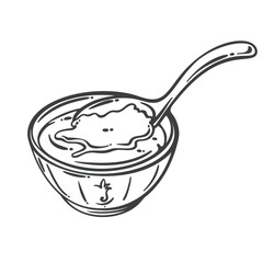 Tofu fa in a traditional bowl with syrup, served with a spoon. Silky smooth texture rendered in hand-drawn engraving style. Outline vector illustration for Asian dessert menu, cafe decor, or packaging