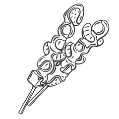 Tanghulu skewers with candied fruits coated in glossy sugar glaze, detailed in hand-drawn engraving style. Outline vector illustration for street food menu, labels, or packaging.