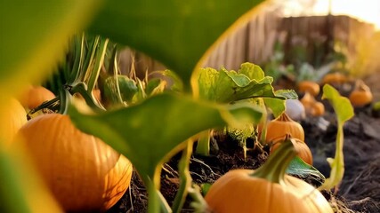 Close-up of orange pumpkins growing with green vines and broad leaves in an outdoor patch in golden sunlight. - Powered by Adobe