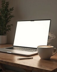 Obraz premium Modern Laptop with Blank Screen on Wooden Desk Next to Coffee Cup, Clean Workspace Setup for Business, Remote Work, or Technology Mockup with Warm Natural Light 
