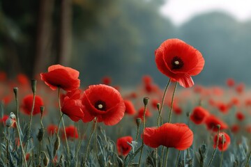 Naklejka premium A field of red poppies in soft focus with a blurred background and muted colors