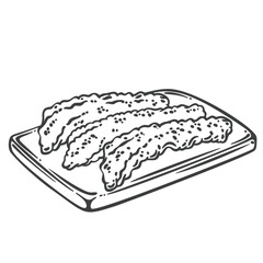 Fried phoenix claws served on a rectangular tray, drawn in engraving style. Crispy texture and skin details shown. Outline vector illustration for menu design, packaging, or food labels.