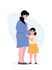 Pregnant mother with her eldest child. Daughter lovingly touches her future child's belly. Vector flat graphics.