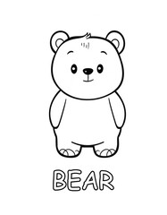Cute coloring page: smiling standing bear with rounded head and tiny paws, bold black outline, word “BEAR” underneath. Fun printable for preschool alphabet, animal vocab and kids crafts.