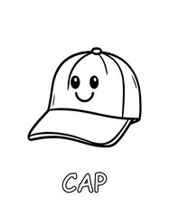 Black-outline coloring sheet: smiling baseball cap with curved brim, word “CAP” below. Easy printable for clothing vocabulary, alphabet C and kids crafts.
