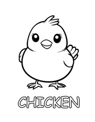 Cute coloring page: smiling chicken chick with small wings and tuft, bold lines, word “CHICKEN” underneath. Perfect printable for farm lessons, alphabet C and kids crafts.