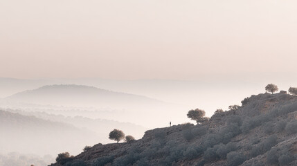 Fototapeta premium serene ridge line in spain enveloped in mist and fog depicting seasonal transition