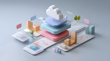  SaaS workflow with cloud icons, arrows, software layers and abstract background