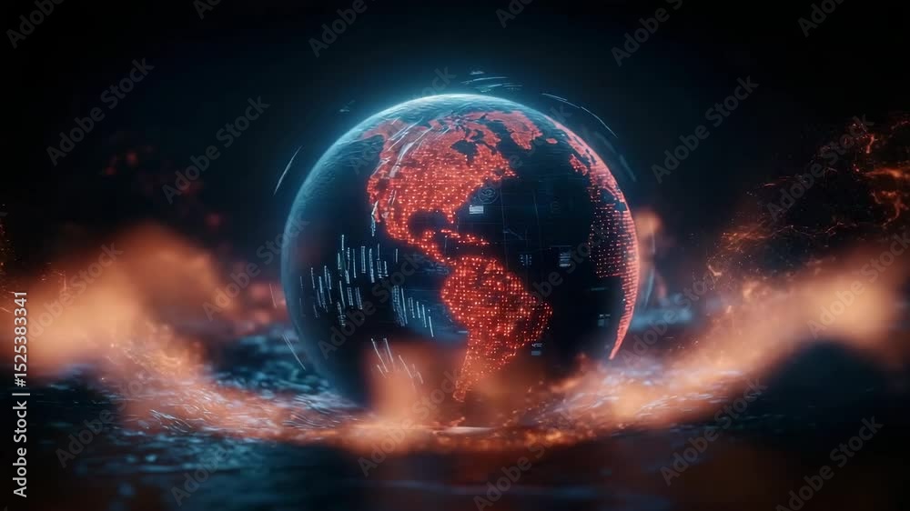 Poster A glowing digital globe with illuminated continents surrounded by futuristic data streams in a dark, high-tech environment.